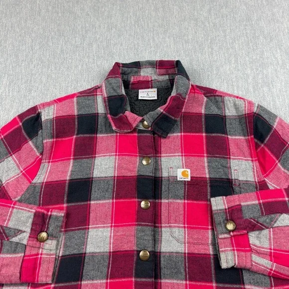 Carhartt‎ Flannel Shirt Girls Large 14 Pink Black Plaid Sherpa Lined Snap Button - Picture 2 of 10